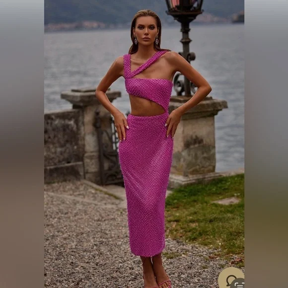 Hot pink , sexy cut out beaded midi dress - Picture 6 of 8